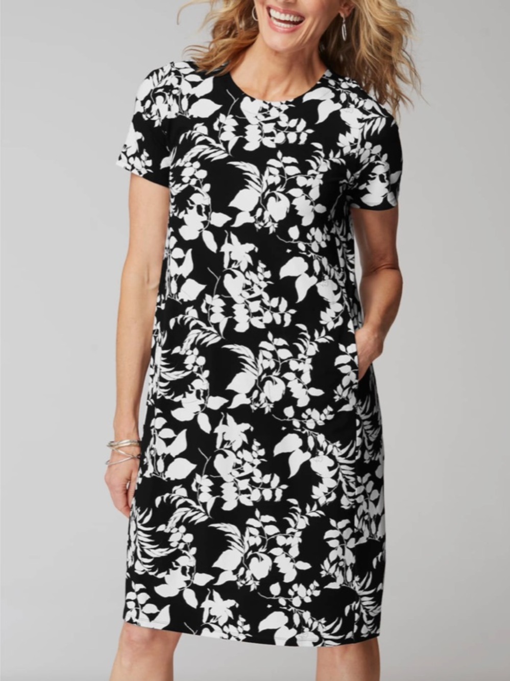 J. Jill Wearever Silhouette Vines T-Shirt Dress Black White Short Sleeve NWT-XL
